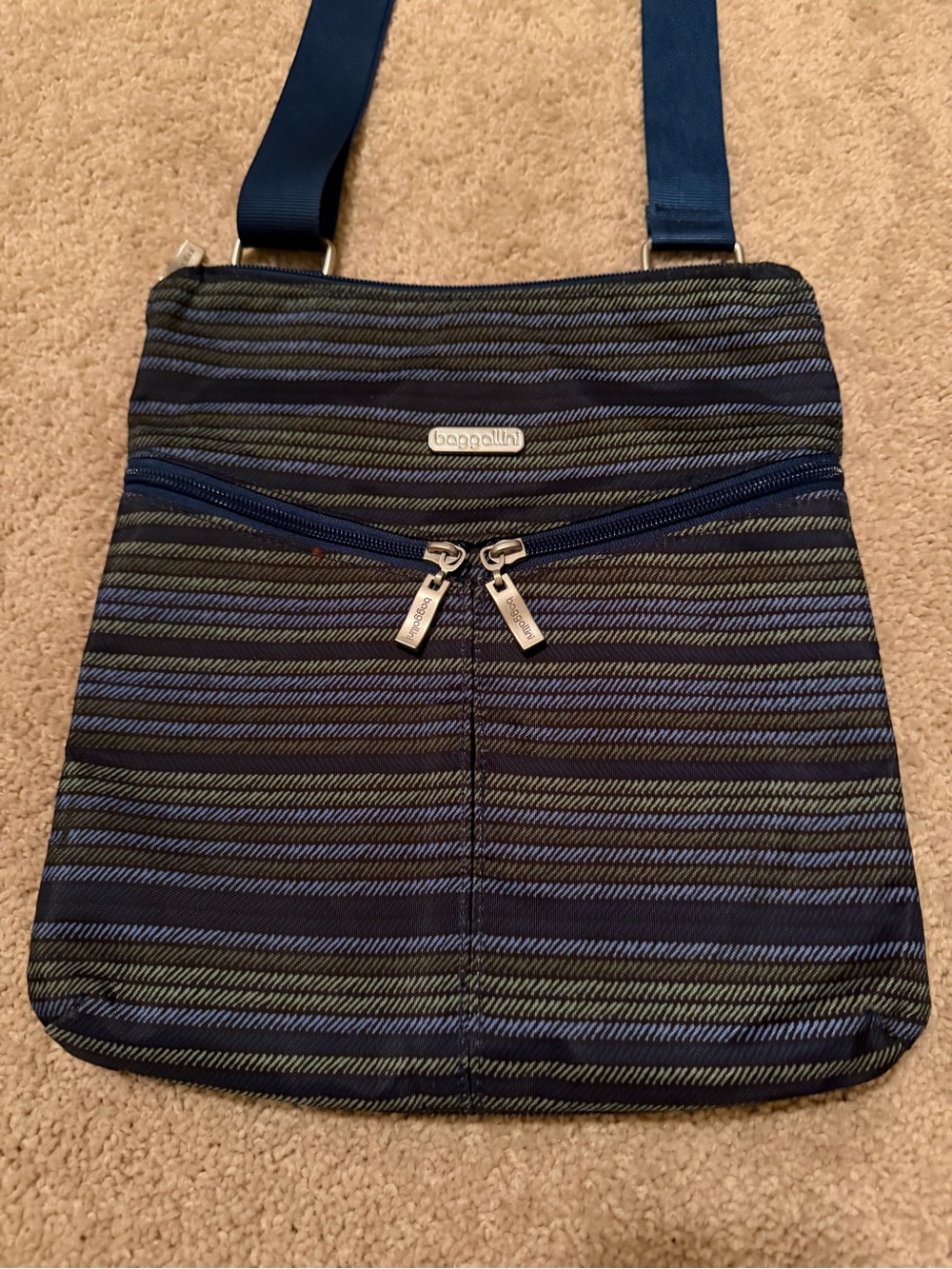 Baggallini Slim Zipper Crossbody Bag blue and moss green multi-stripe